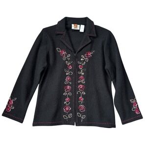 Alfred Dunner 100% Wool Zip Coat‎ Petite Large Black Roses Cottage Boho